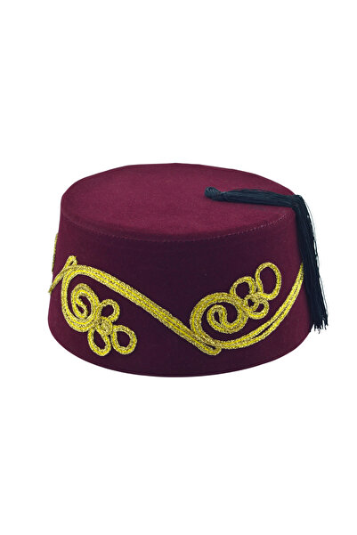 HitDukkan İşlemeli Püsküllü Bordo Damat Kına Erkek Fesi 9cm