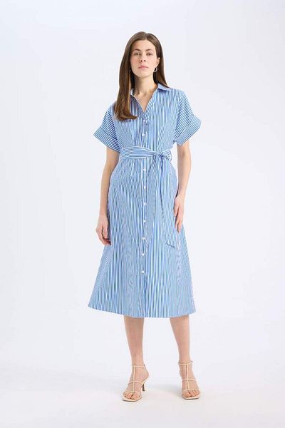 DeFacto New Season Shirt Collar Striped Poplin Short Sleeve Belted Midi Shirt Dress
