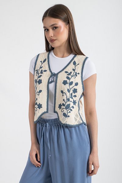 Hatun Atila Women's Acrylic Vest Hatunatila Ecru Indigo 5156