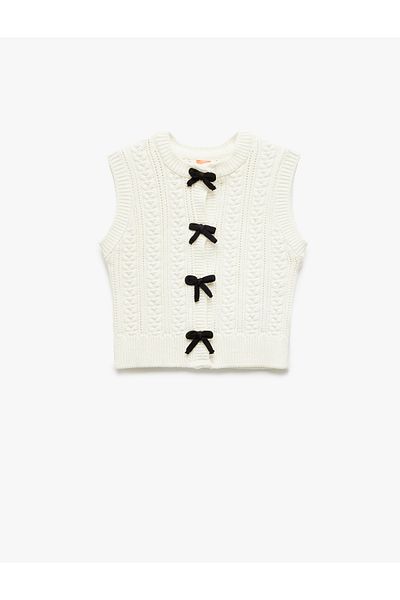 Koton Bow Detailed Crew Neck Openwork Knitwear Sweater