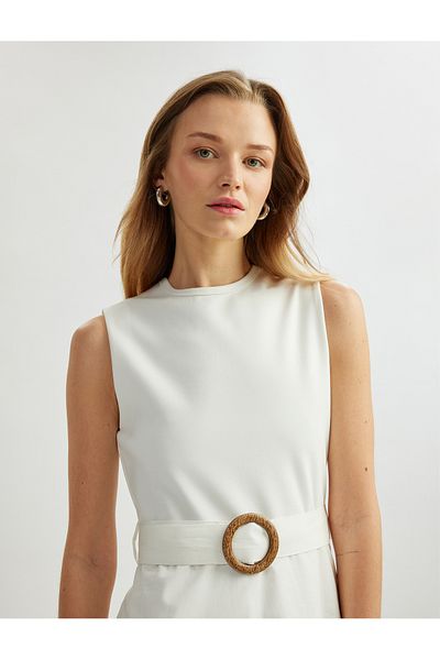 Koton Lined Cotton Crew Neck Sleeveless Belted Flared Midi Dress