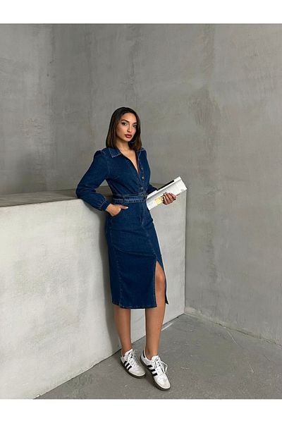 Miss Prova Rochie midi din denim cu curea cu fanta in fata MISSEL00936