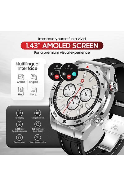 Swiss Military DOM3 Smartwatch- 1.43" AMOLED, Bluetooth Calls, HR/BP/O2 Monitoring, Wireless Charging, IP67-Black