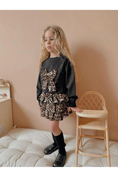 meymers Set de top și fustă pentru fete, cu model leopard, cu panglică și hanorac