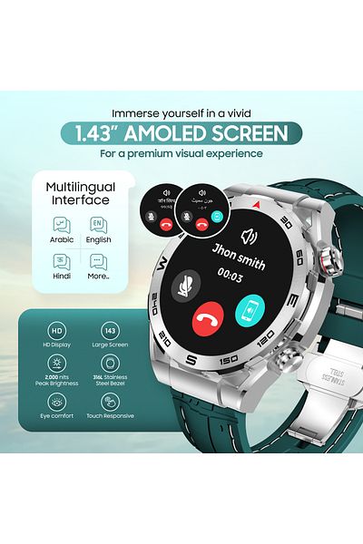 Swiss Military DOM3 Smartwatch- 1.43" AMOLED, Bluetooth Calls, HR/BP/O2 Monitoring, Wireless Charging, IP67-Green