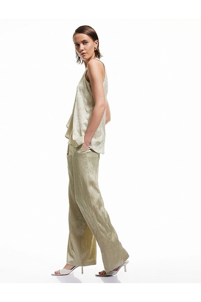 Koton Tie Waist High Waist Wide Leg Textured Satin Pants