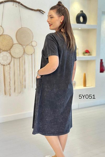 İnce Topuk Crew Neck Mesh Pocket Dress 	 5Y051