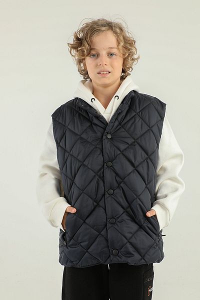 Black One Stand Collar Button Detailed Boy's Vest