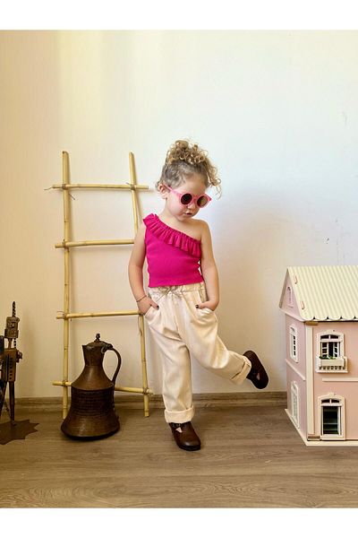 meqlife Girl's Holiday Combination Three Piece Set /Crop Linen Trousers Glasses