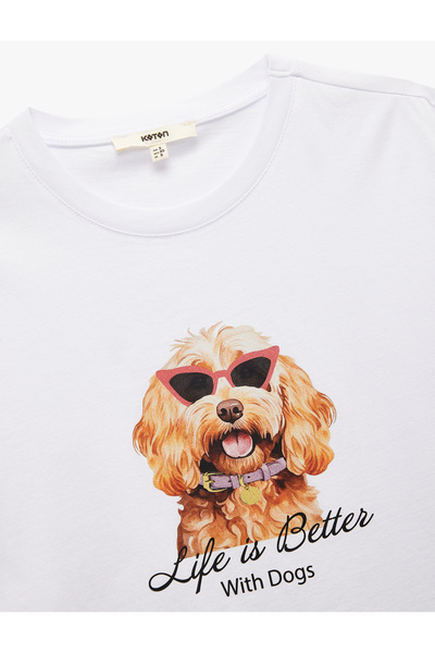 Koton Tricou alb pentru femei din bumbac cu imprimeu câine 5SAK50108EK