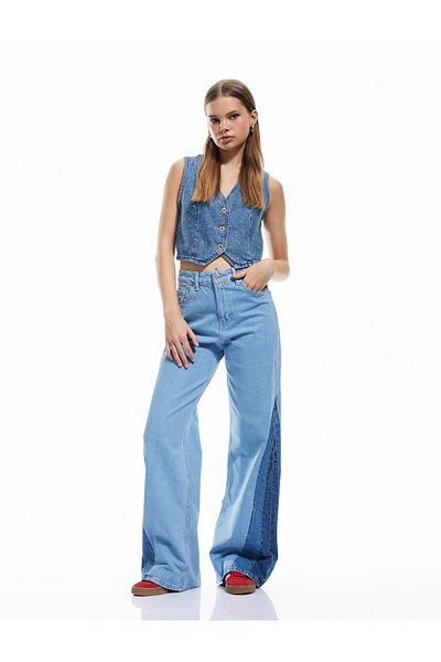 Koton High Waist Wide Leg Color Blocked Cotton Denim Trousers- Wide Leg Jeans