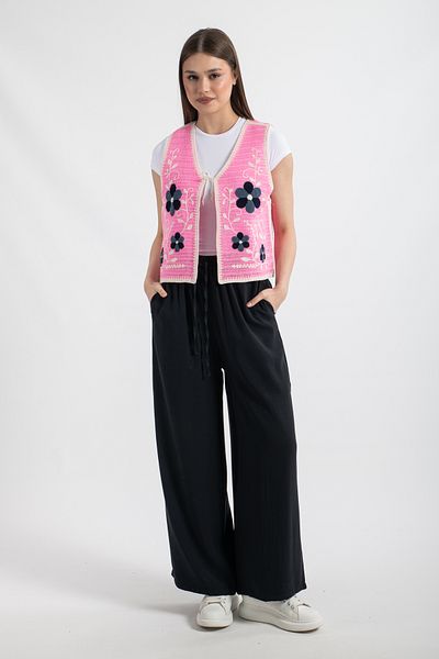 Hatun Atila Hatunatila Women's Floral Patterned Acrylic Drainage Vest Pink - 5155