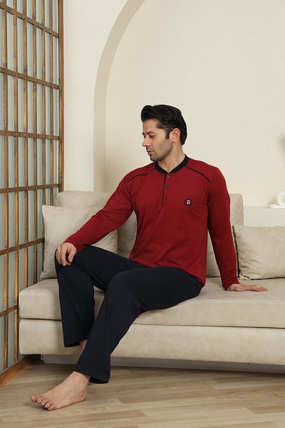 MODAREYA Long Sleeve Seasonal Burgundy Color Combed Cotton Men's Pajamas