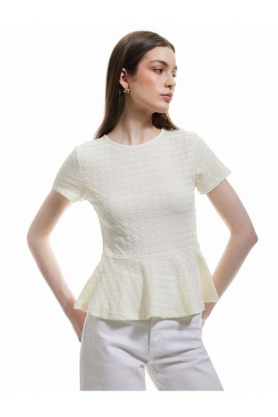 Koton Bürümcük Fabric Textured Short Sleeve Crew Neck Peplum T-Shirt