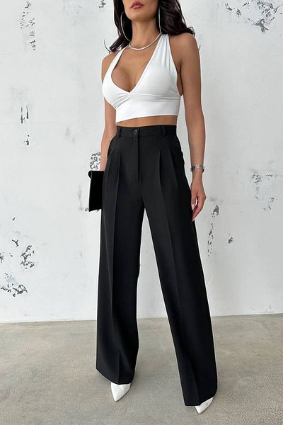 Giyimsel Women's Black High Waist Pleated Palazzo Fabric Pants