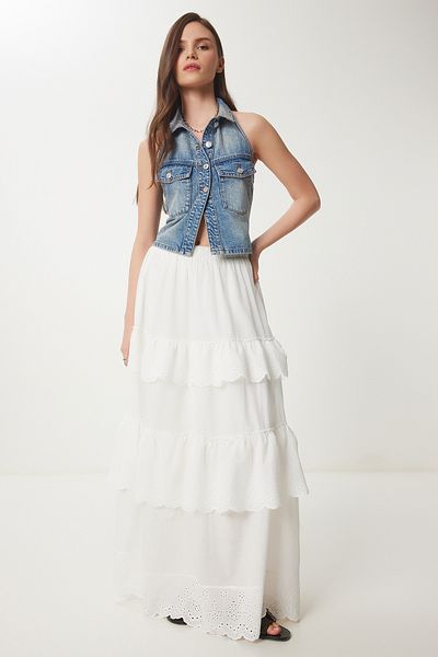Lovelyİstanbul Long Woven Skirt with Folded Scalloped Ekru Lus0097