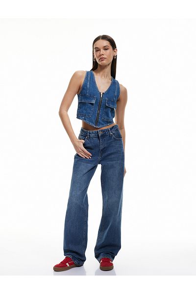 Koton V-Neck Cotton Sleeveless Denim Vest with Zipper Pockets