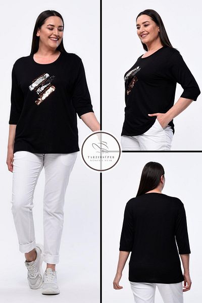 tarzımsüper Plus Size New Season Άνετο Μοντέλο Παγιέτες Παγιέτες Κεντημένες Ημιμανίκι Παγιέτες Mother 4 Seasons Μπλούζα
