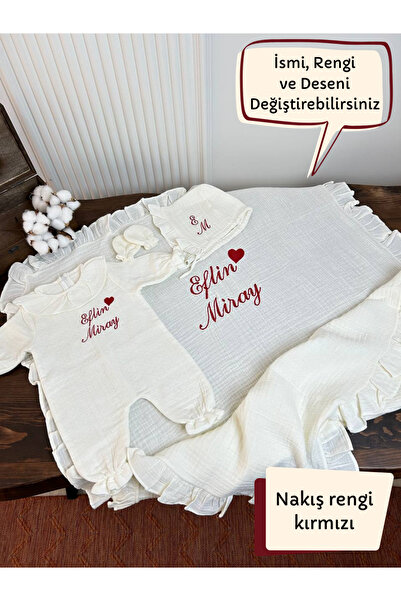 KARSU TASARIM 4 Kat Müslin Hastane Çıkış Seti İsimli Nakışlı %100 Pamuk (Batt...