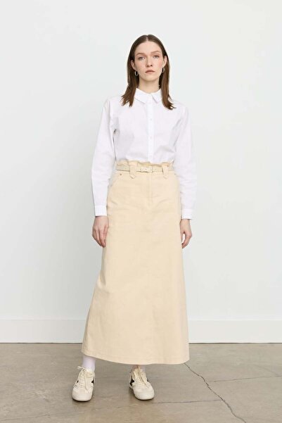 Nihan Nakış Detaylı Kemerli Kanvas Etek - Krem