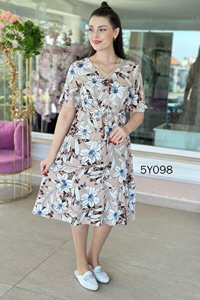 İnce Topuk V-Neck Button Detail Viscose Dress 5Y098