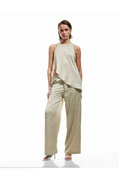 Koton Tie Waist High Waist Wide Leg Textured Satin Pants