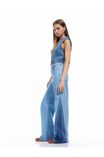 Koton High Waist Wide Leg Color Blocked Cotton Denim Trousers- Wide Leg Jeans