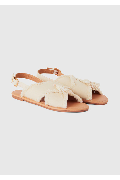 United Colors of Benetton Girl's Cream Adjustable Buckle Tassel Detailed Canvas Sandals