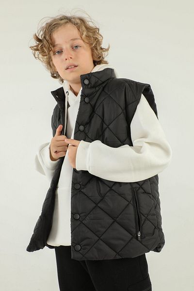 Black One Stand Collar Button Detailed Boy's Vest