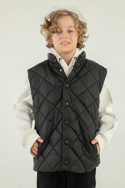Black One Stand Collar Button Detailed Boy's Vest