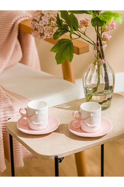 LC Waikiki Lcw Home Pink Bow Patterned 2-Person Porcelain Coffee Cup Set 90 ml