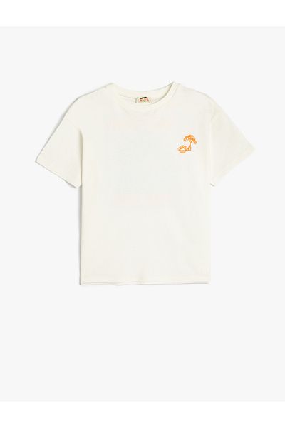 Koton Cotton Embroidery Detailed Slogan Printed Oversize Short Sleeve T-Shirt