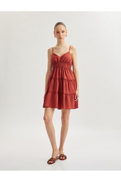 Koton Strappy V-Neck Tiered Gimped Flounce Mini Dress