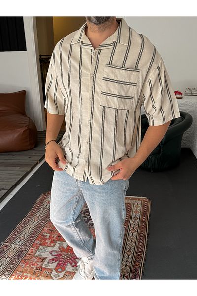 BYBASICMAN Khaki Knitted Striped Linen Shirt Jj-265