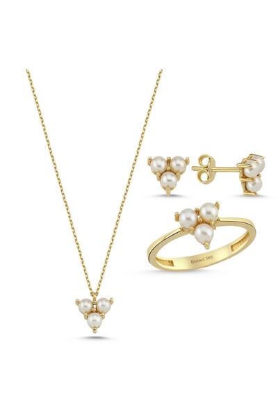 Birinci 14 Ayar Altın 3 mm Tria Doğal İnci Küpe Kolye Yüzük Üçlü Set