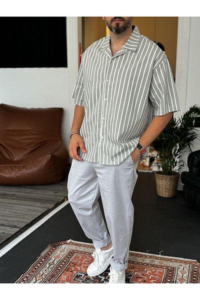 BYBASICMAN Green Vertical Striped Short Sleeve Shirt V-40-482