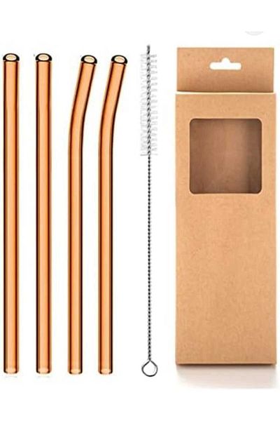 Generic 4-Piece Straws Set with Cleaning Brush, 9 x 10mm Clear Glass Straws Juice Straws