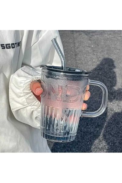 Generic كوب قهوة زجاجي مع غطاء ومصاصه كوب اسبريسو شفاف محمول للحليب والعصير مضاد للتسرب للمشروبات
