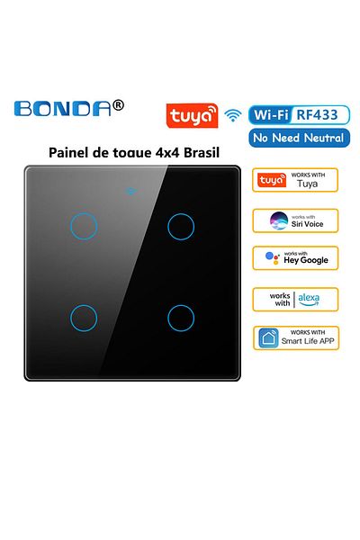 Choice 202A BLACK 04 Tuya Wifi Smart Touch Switch Light Brazil 4x4 No Neutral Wire 4/6 Gang RF433 Remote On