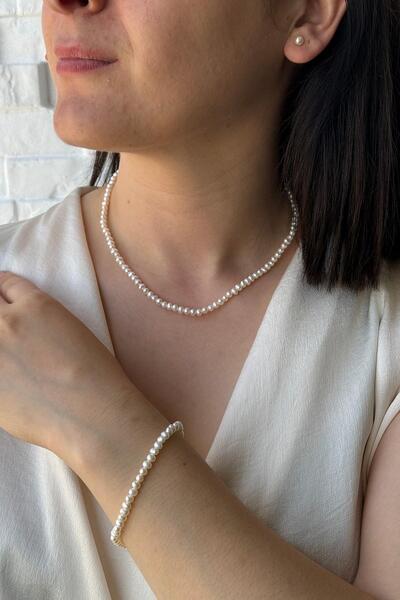 Birinci 925 Ayar Gümüş 4 mm Doğal İnci Sıralı Kolye Bileklik Küpe Üçlü Set BV...