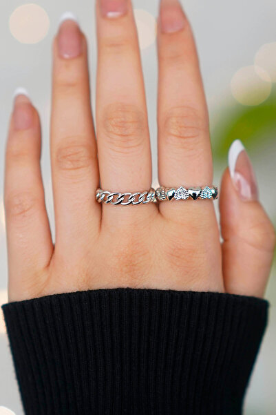 TREND COLLECTİON Set of 2 Adjustable Silver Women's Rings