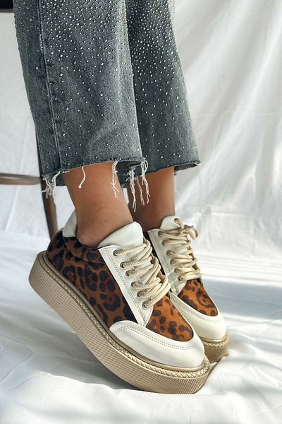 Shoebutik Tenis de damă Hillary White Leopard cu șireturi