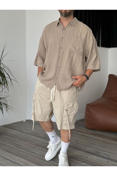 BYBASICMAN Beige Pocket Basic Linen Short Sleeve Shirt C-1692