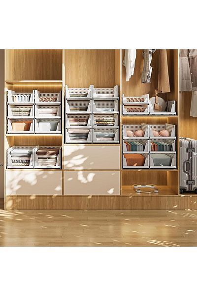 COOYA 4 Pack Folding Closet Organizers Storage Box,Stackable Plastic Basket,for Drawer Shelf Cupboard