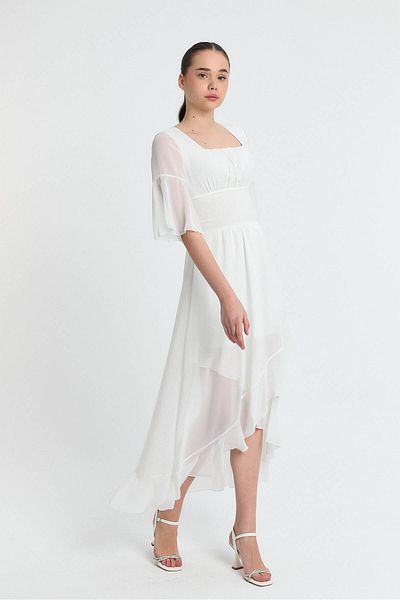 Laranor Ecru Asymmetrical Cut Flywheel Detail Chiffon Wedding - Invitation - Graduation Dress 25L8020