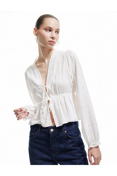 Koton Embroidered V-Neck Lace Detailed Long Sleeve Viscose Blended Blouse