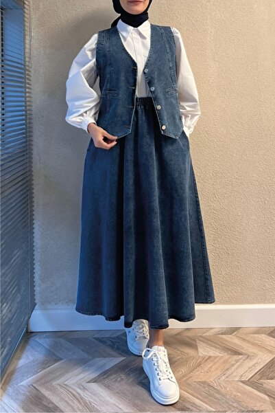 Bestenur Σετ πουκάμισο 3 τεμαχίων τζιν γιλέκο φούστα 1400 - Μπλε