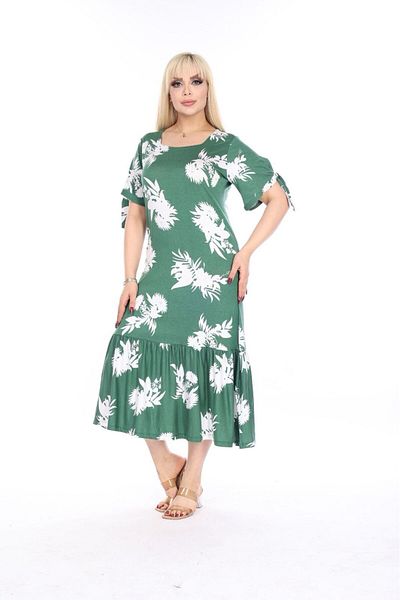 mezura tekstil Plus Size Above Knee Square Neck Tie Detailed Short Sleeve Viscose Combed Cotton Stylish Design Comfortable Dress