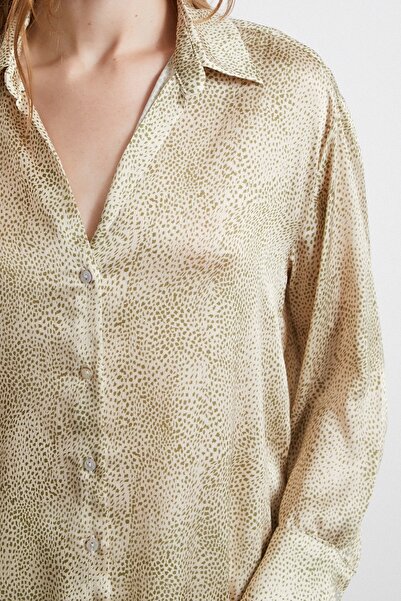 Never more Green V-Neck Patterned Satin Shirt