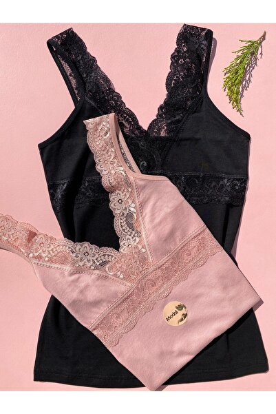 LEYNA BUTİK Βαμβακερό ύφασμα Modal με λαιμόκοψη V με δαντέλα με λουράκι σε κουτί Συσκευασία 2 μαύρων και σκόνης εσώρουχα